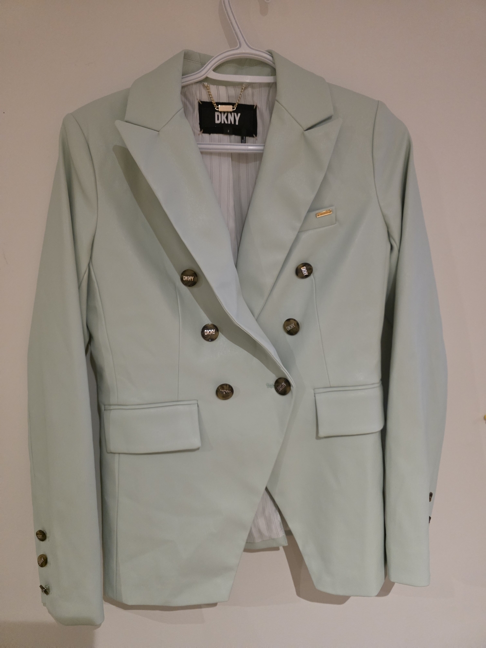 DKNY Mint Green Double-Breasted Blazer with Gold Buttons